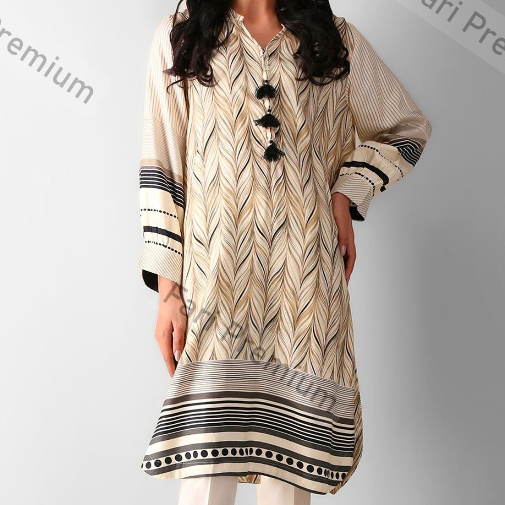 Khaadi Ready Wear Women's Kurta/Kurti Beige & Black Viscose Pakistani/Indian XL